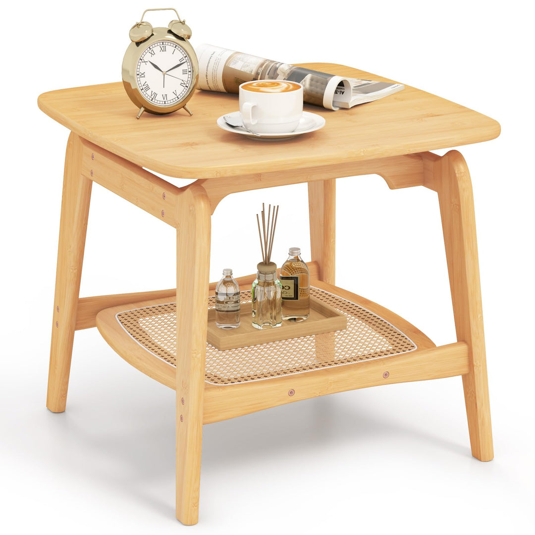 Giantex Rattan Side Table, Boho End Table with Storage Shelf, 2-Tier Bedside Table for Small Spaces
