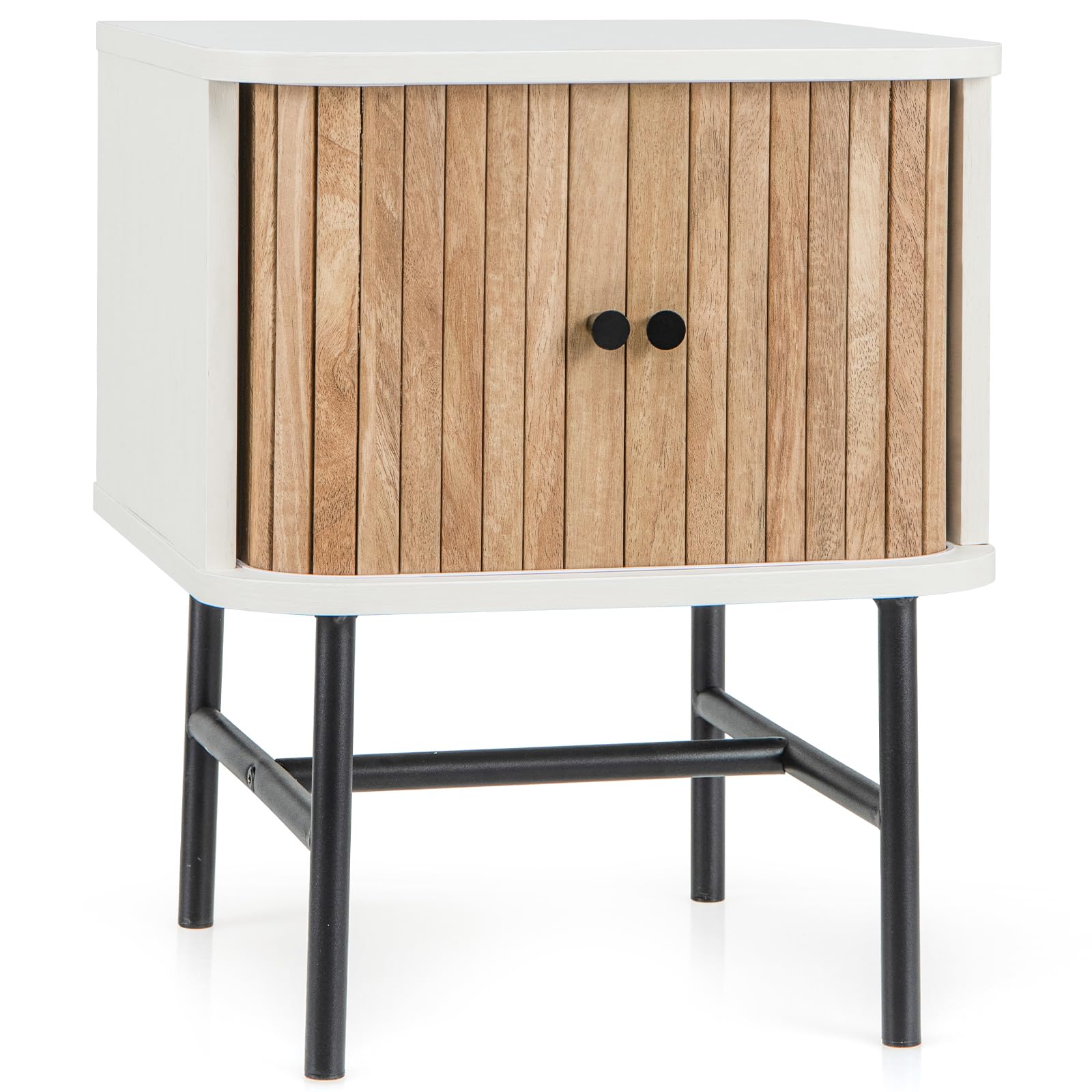 Giantex Mid-Century Modern Nightstand, Wood Bedside Table with Sliding Doors and 4 Metal Legs