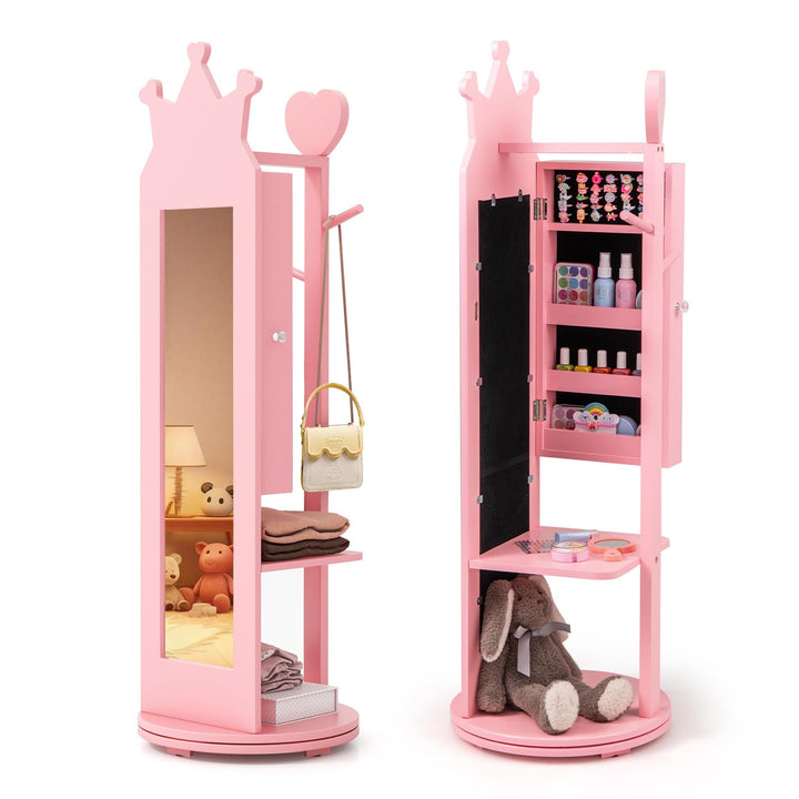 CHARMAID Kids Mirror Jewelry Cabinet - 360° Swivel Jewelry Armoire with Full Length Mirror