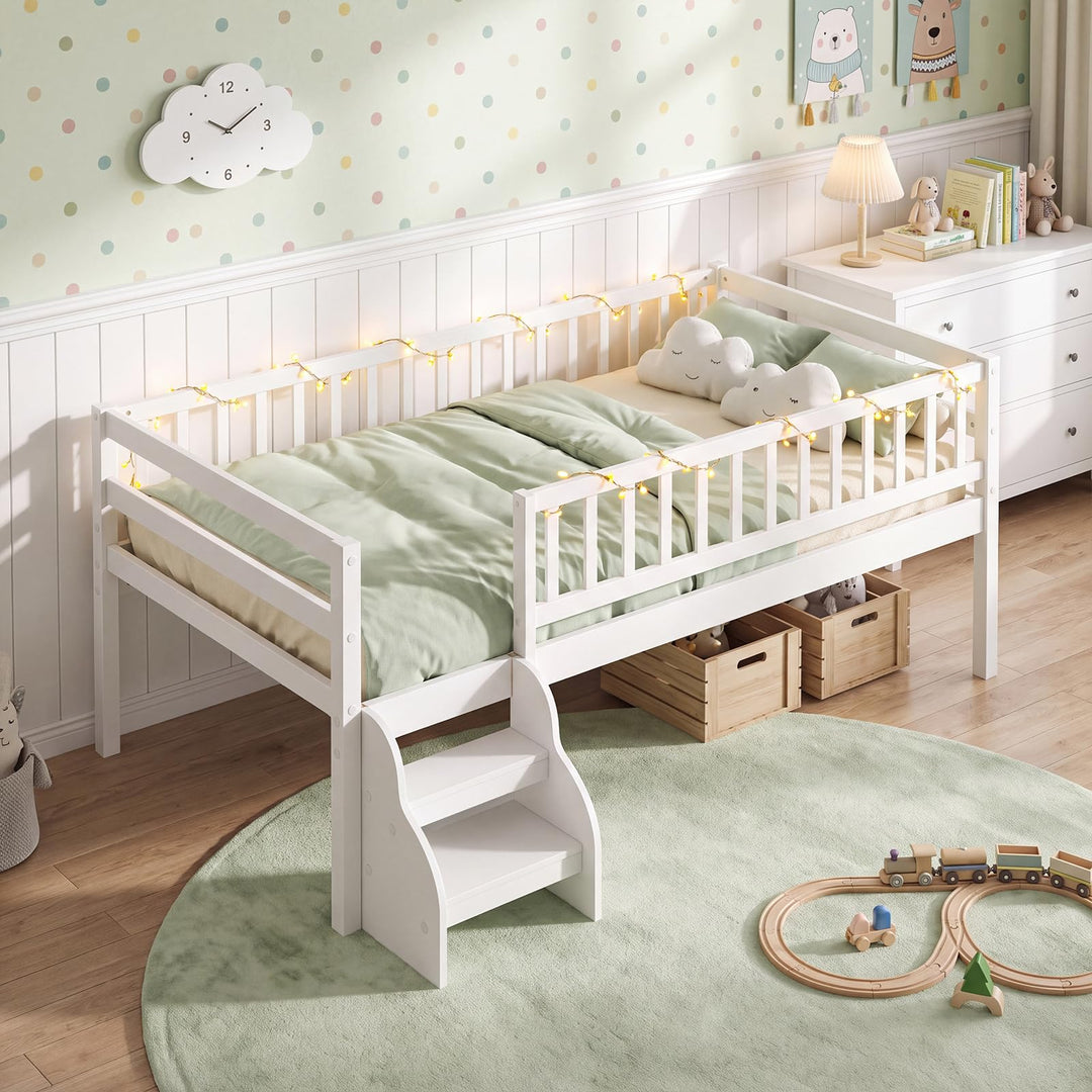 GIANTEX Low Profile Twin Size Bed Frame with Stairs &amp; Safety Guardrails