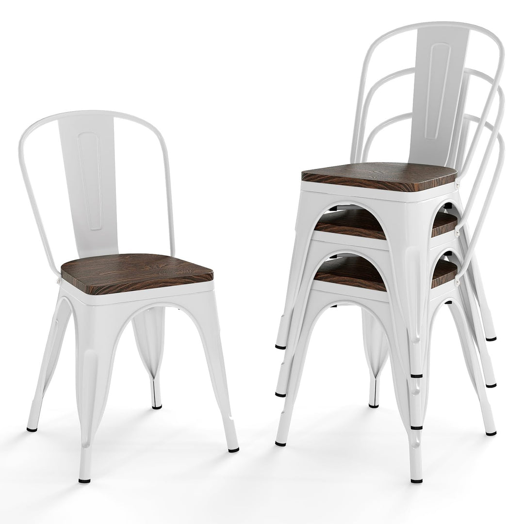 Giantex Metal Dining Chairs Set of 4 Stackable Armless Kitchen Chairs w/Elm Wood Seat