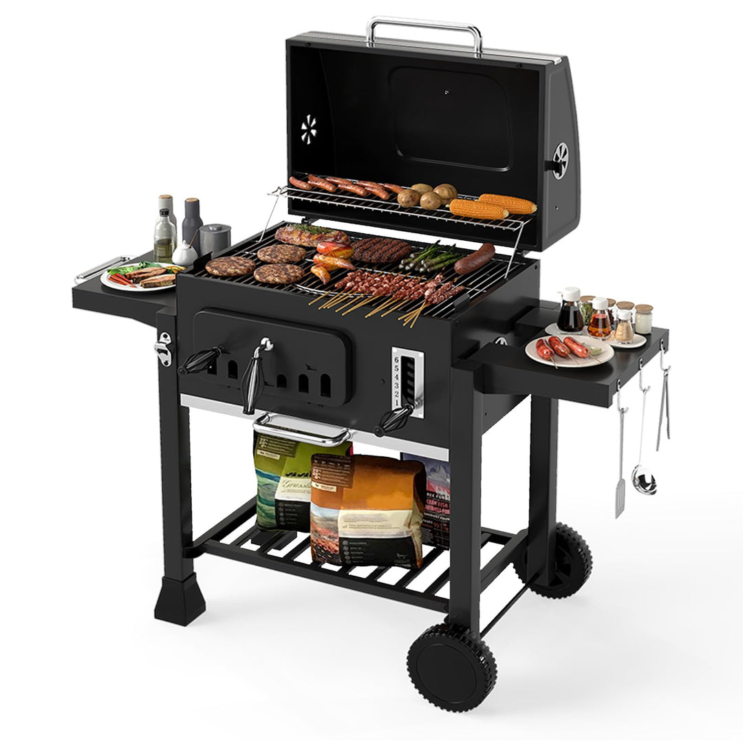 Giantex 24" Charcoal BBQ Grill with Adjustable Charcoal Tray Thermometer Foldable Side Tables