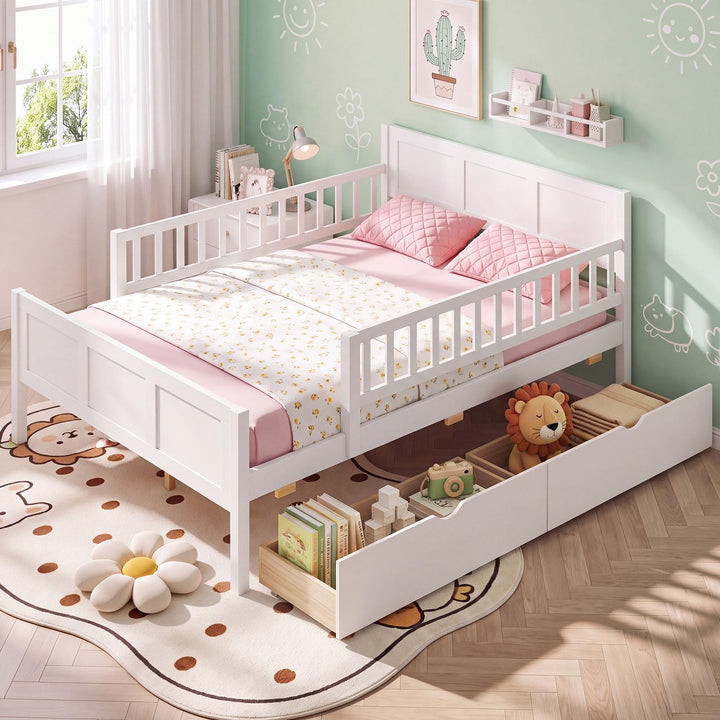 GIANTEX Full/Twin Size Bed Frame with 2 Storage Drawer &amp; Guardrails for Kids