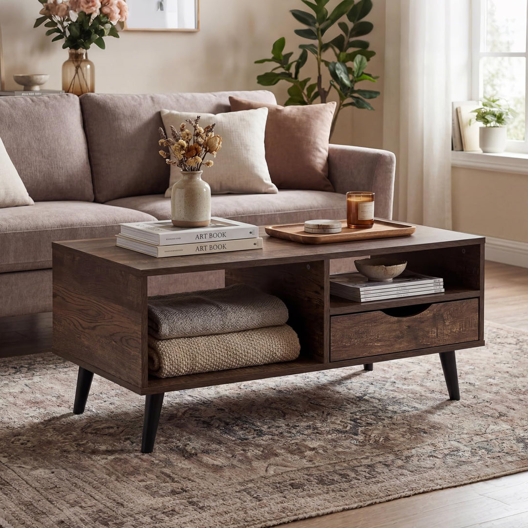 Giantex Wood Coffee Table with Storage Drawer 36.5 Inch Rustic Center Table
