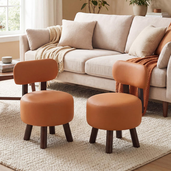 Giantex Round Small Footrest Stools Set of 2 with Backrest &amp; Rubber Wood Legs