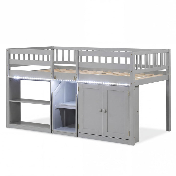 Giantex Low Loft Bed Twin Size with LED Lights, Wooden Bed Frame