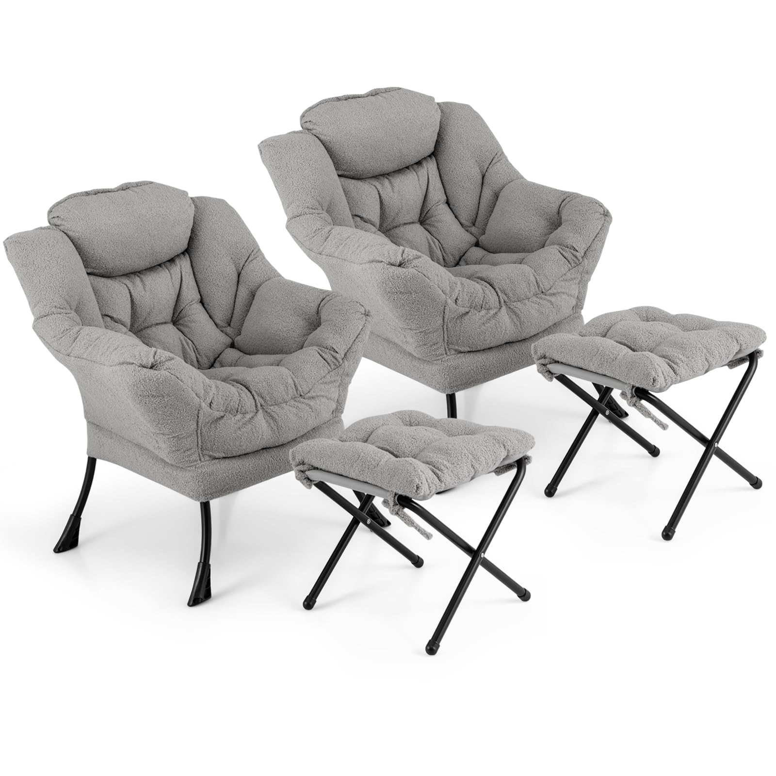 Giantex Set of 1/2 Lazy Chair with Folding Ottoman, Modern Sherpa Accent Chair w/Armrests & Pocket