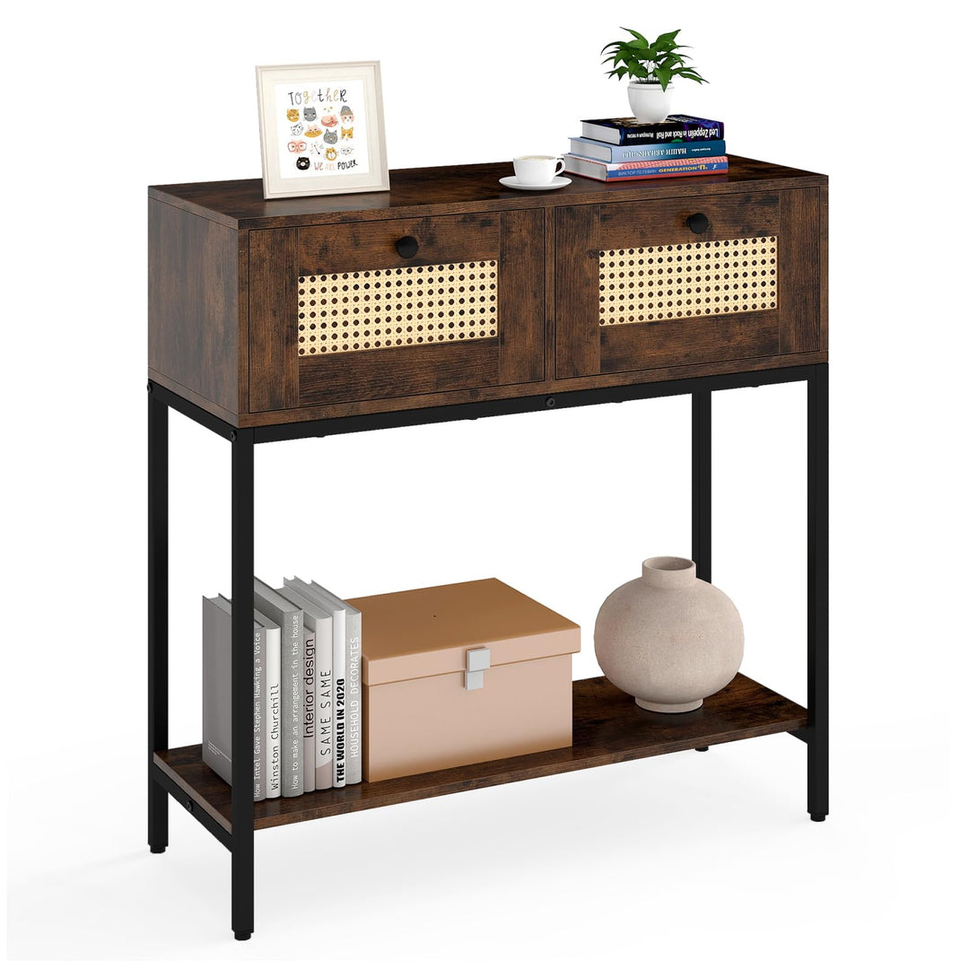 Giantex Rattan Console Table 32" Boho Entryway Table with 2 Drawers