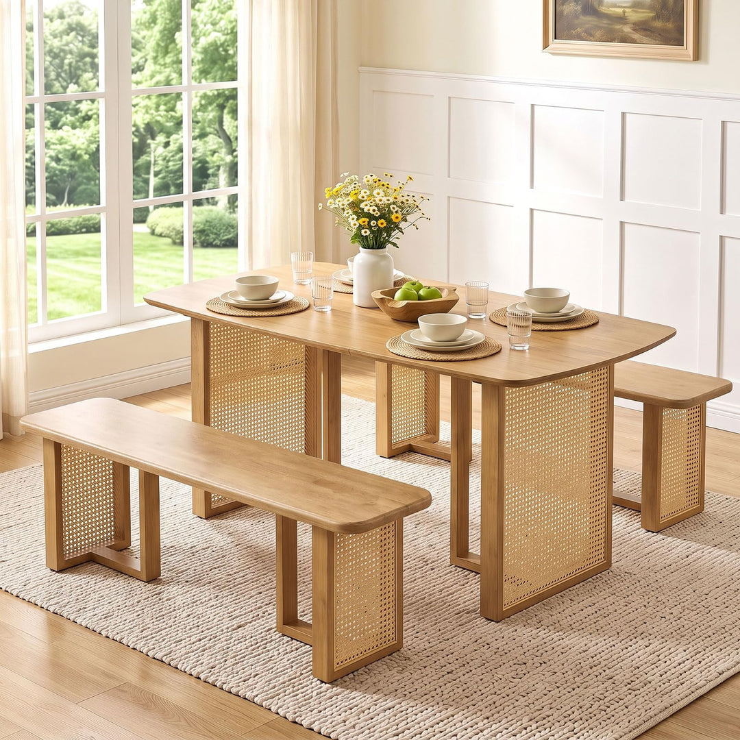 GIANTEX Rattan Dining Table Set for 4 | Rubber Wood Kitchen Table &amp; 2 Bench