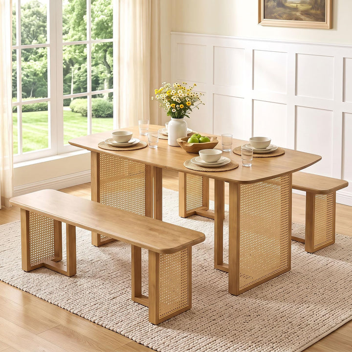 GIANTEX Rattan Dining Table Set for 4 | Rubber Wood Kitchen Table &amp; 2 Bench
