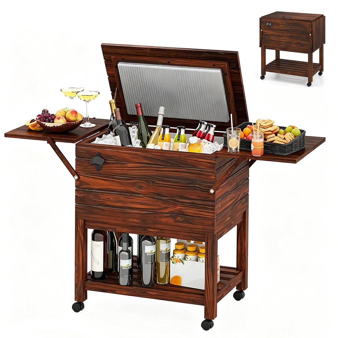 Giantex Wooden Rolling Ice Chest with Foldable Side Shelves