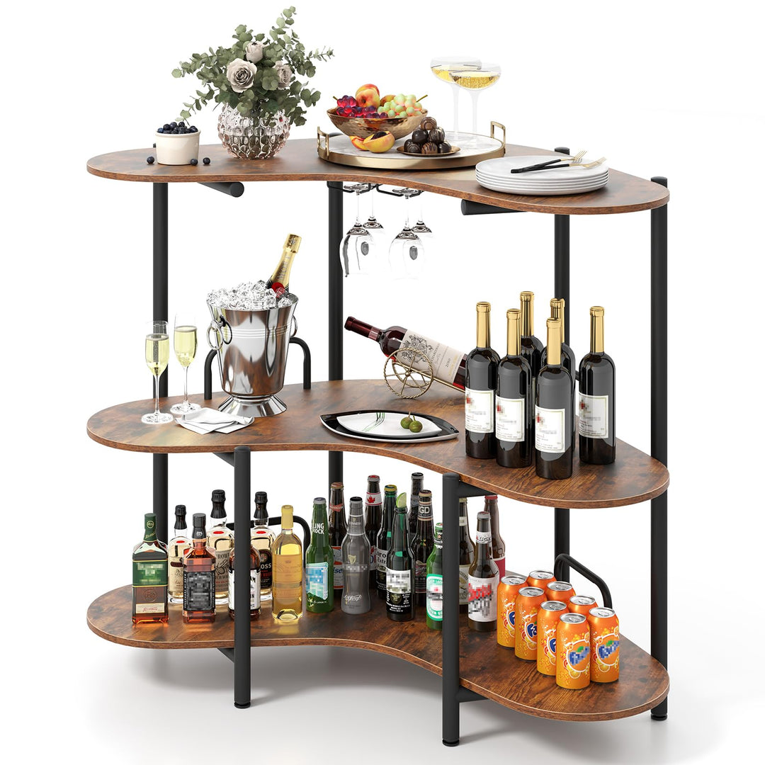 Giantex 3-Tier Bar Table, Corner Bar Cabinet, Liquor Home Bar Unit with Stemware Racks & Storage Shelves