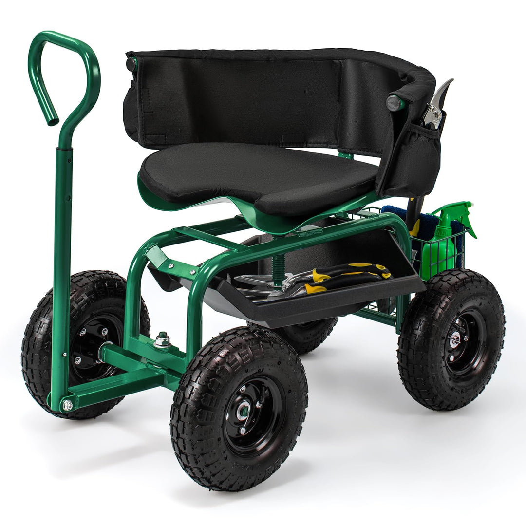 Giantex Rolling Garden Cart, 360 Swivel Workseat with 4 Wheels, Removal Cushion & Tool Tray, Storage Basket