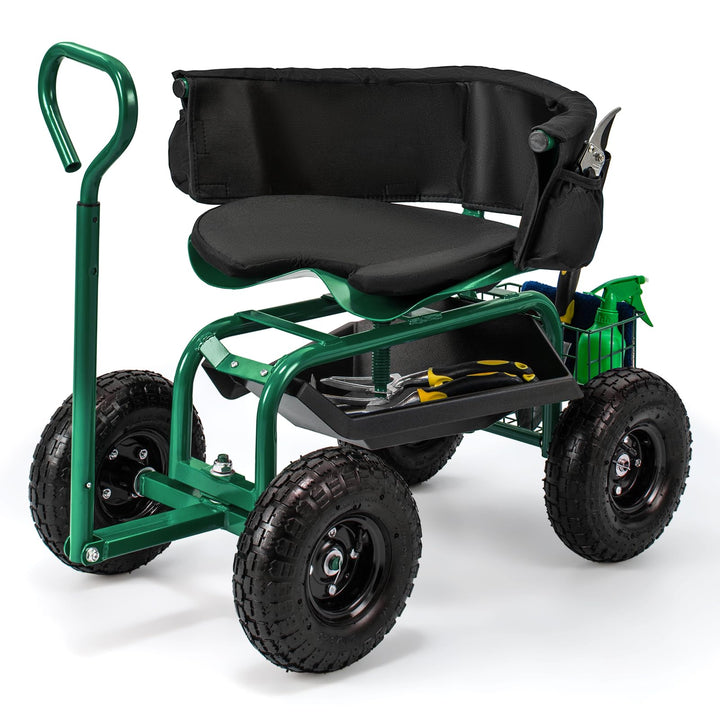 Giantex Rolling Garden Cart, 360 Swivel Workseat with 4 Wheels, Removal Cushion & Tool Tray, Storage Basket