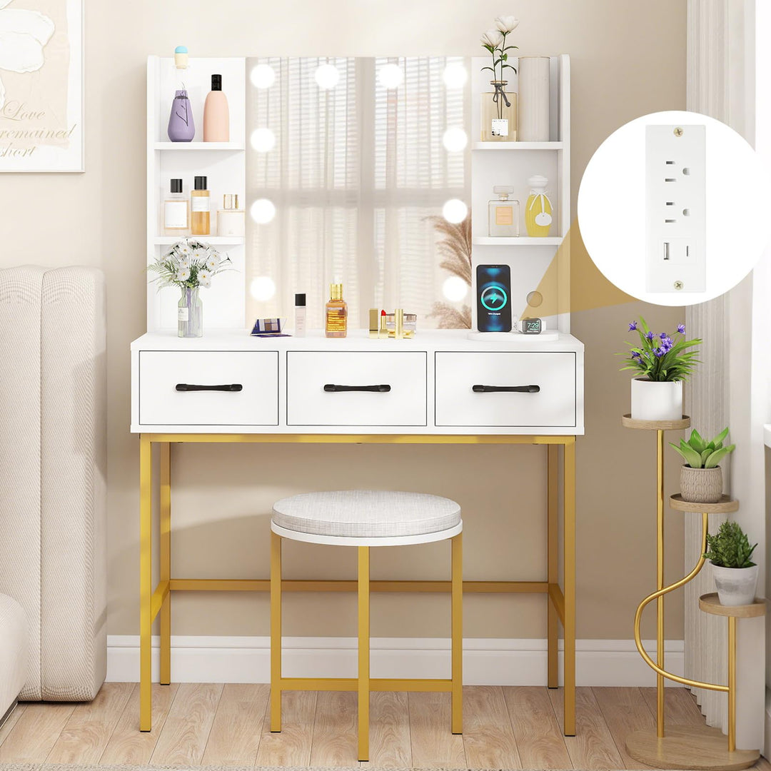 CHARMAID Makeup Vanity Desk with Lighted Mirror & Charging Station