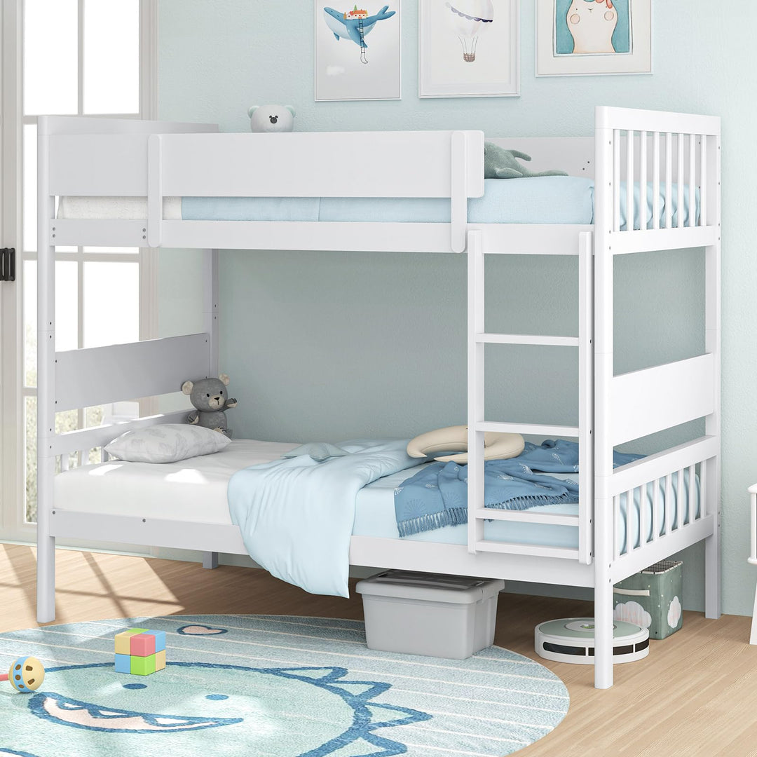 Giantex Wood Bunk Bed Twin Over Twin, Solid Wood Bunk Bed Frame with Ladder & Safety Guardrails
