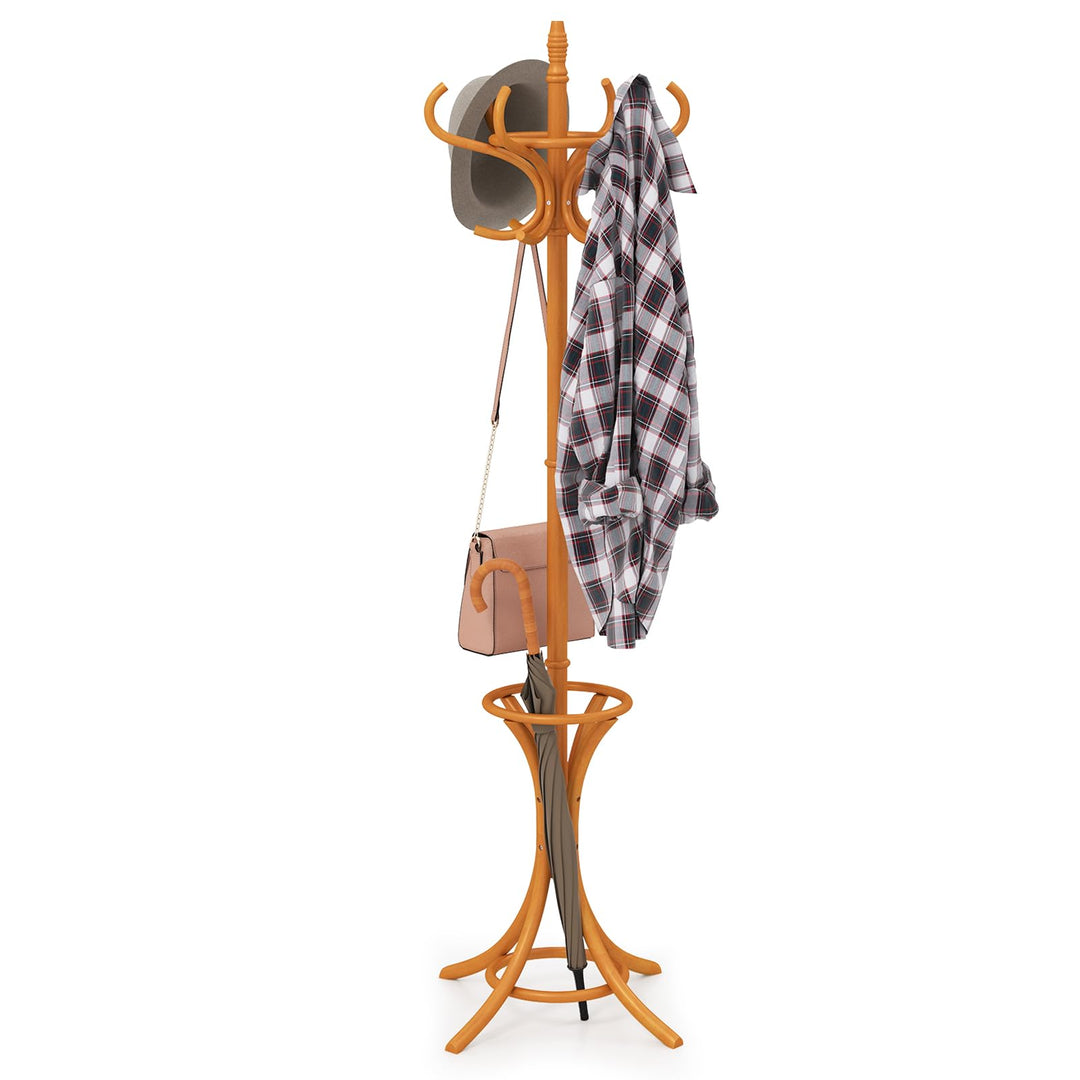 Giantex Solid Wood Coat Rack, Freestanding Hall Tree w/12 Hooks, Umbrella Holder, Entryway Hanger Stand for Coat