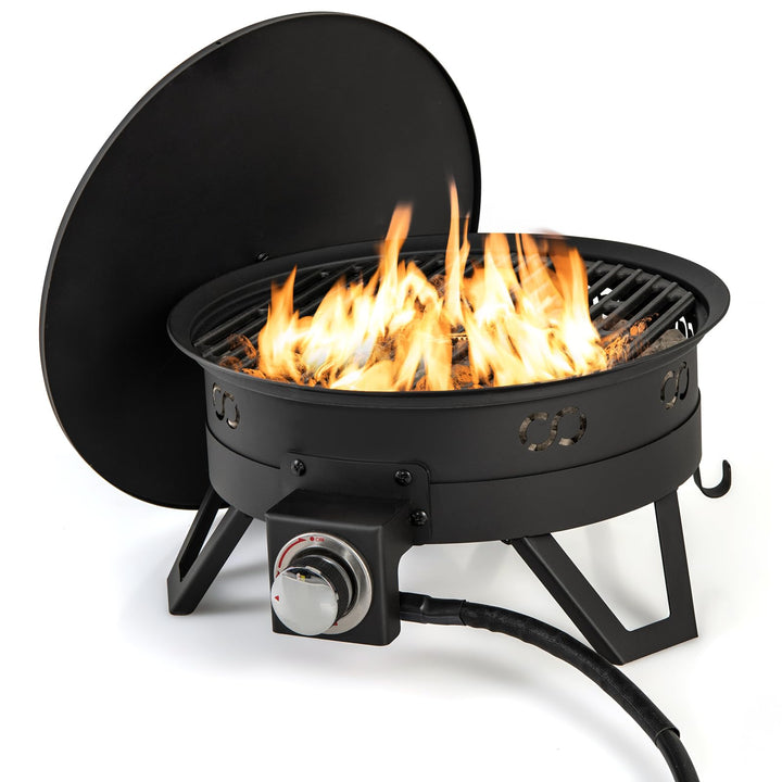 Giantex Portable Propane Fire Pit, 17" Small Outdoor Fire Bowl with Foldable Legs, Round Fireplace with Lid