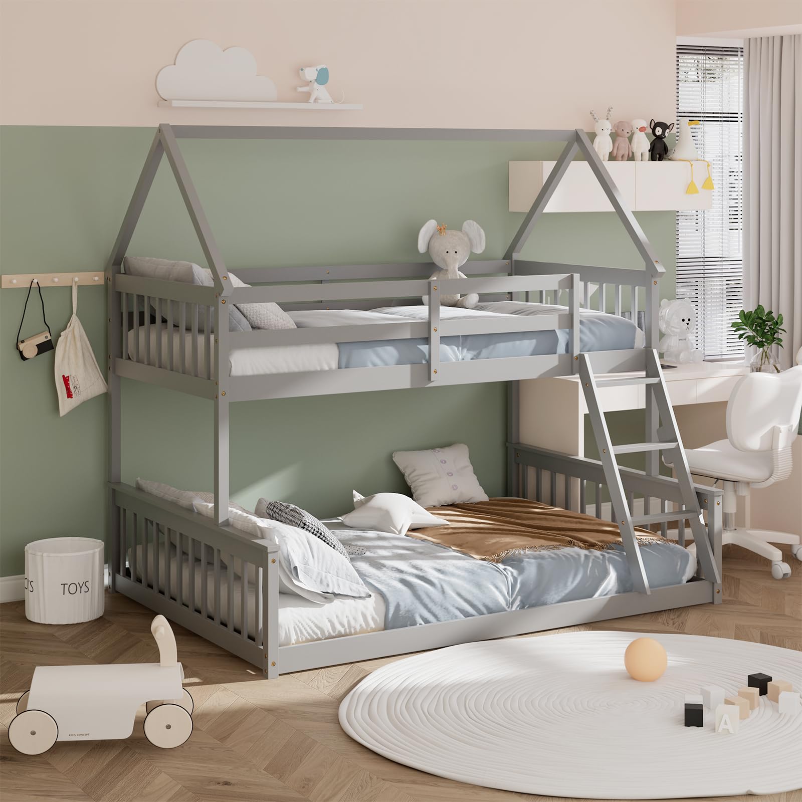 Giantex Twin Over Full House Bunk Bed, Floor Low Bunk Bed Frame w/Integrated Ladder & Safety Guardrails