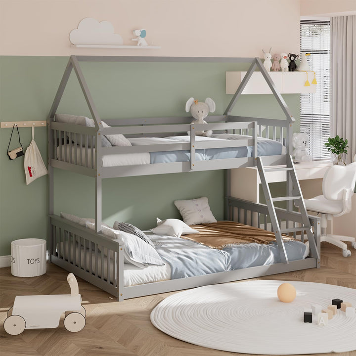 Giantex Twin Over Full House Bunk Bed, Floor Low Bunk Bed Frame w/Integrated Ladder & Safety Guardrails