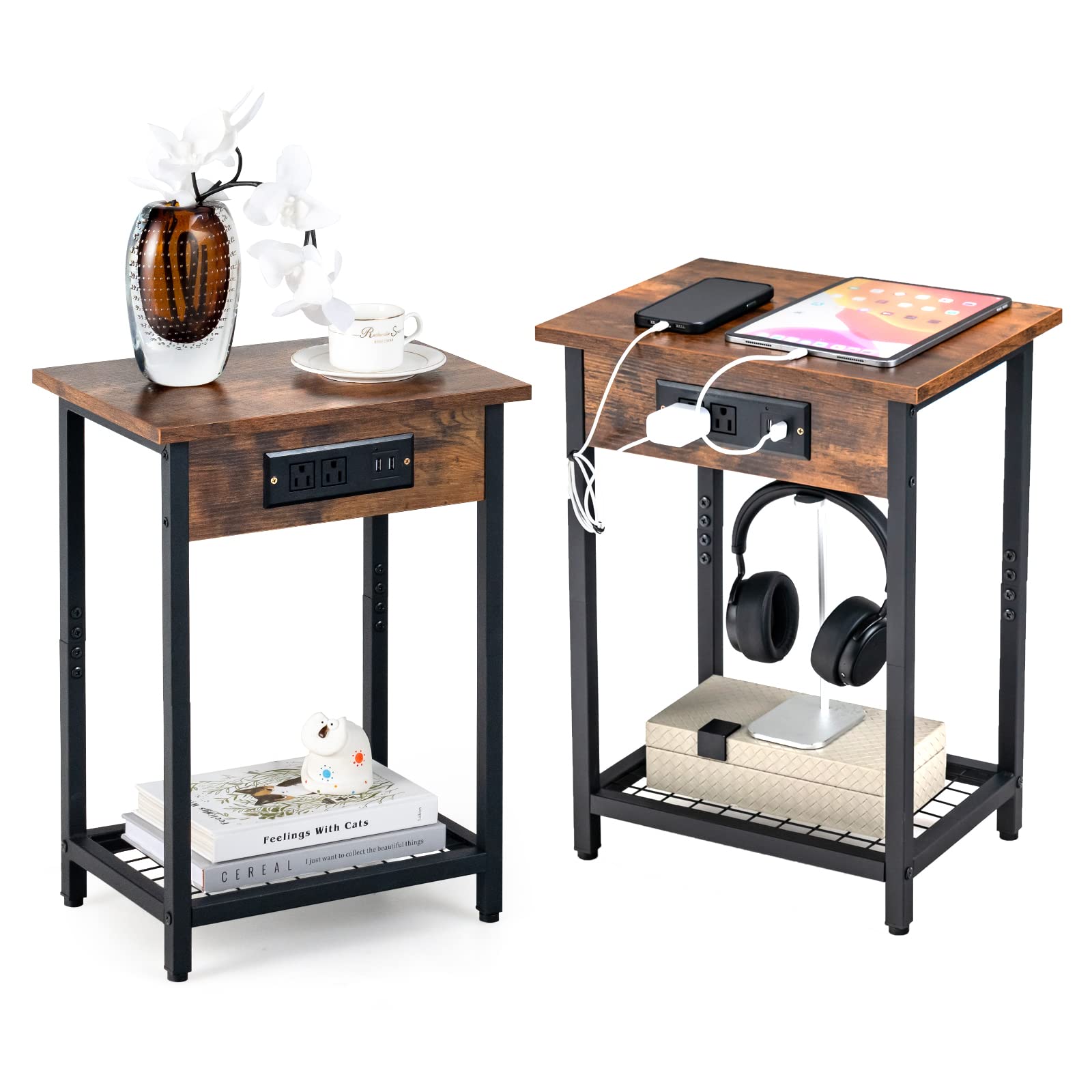 Giantex Nightstand Set of 2 with Charging Station