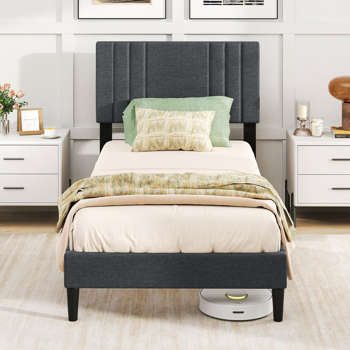 Giantex Modern Upholstered Platform Bed Frame with Vertical Channel Tufted Headboard