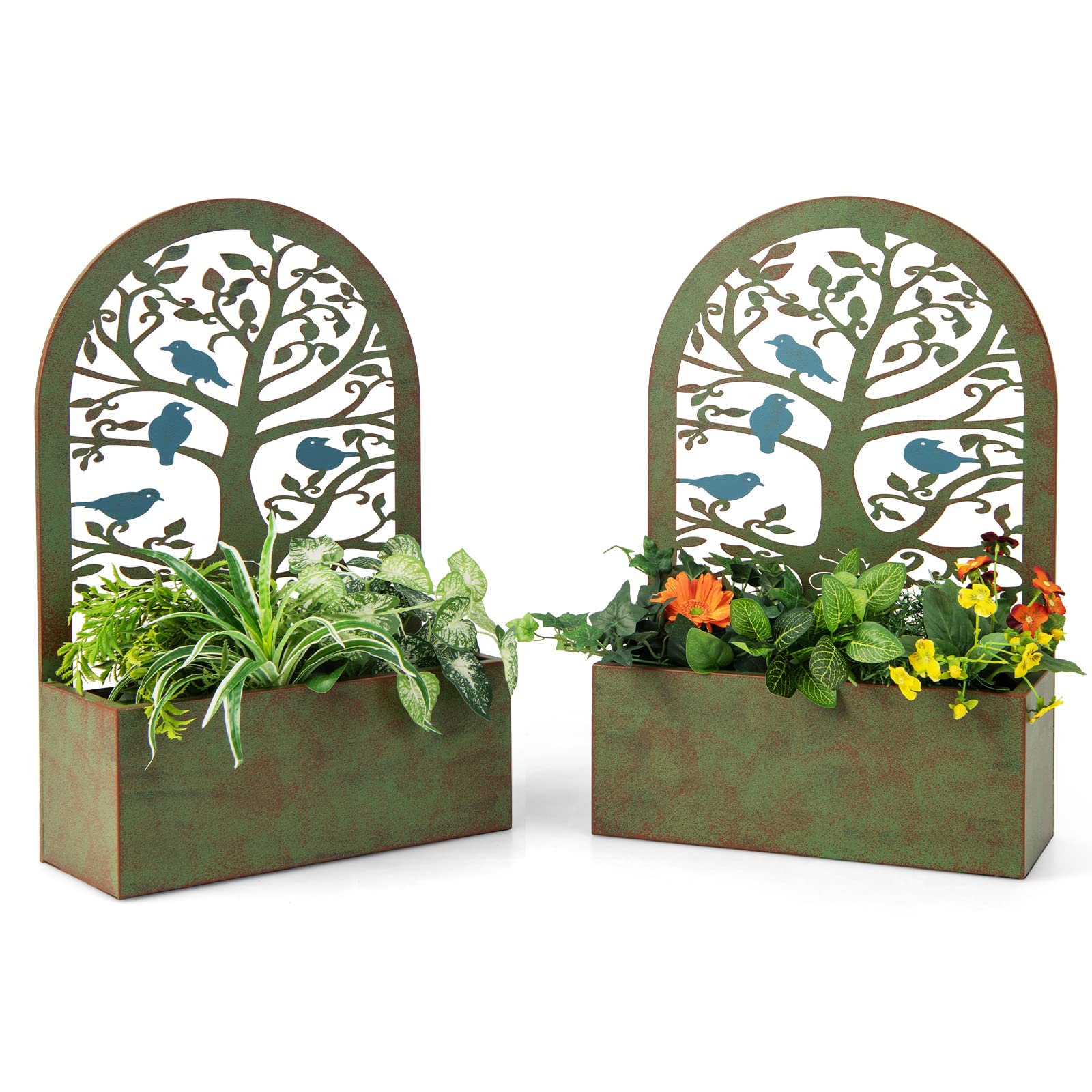 Giantex Raised Garden Bed Set of 2 - Wall-Mounted & Freestanding Decorative Planter Boxes with Trellises