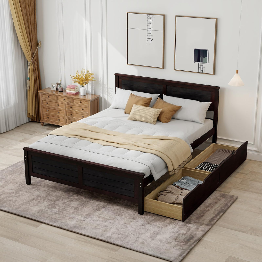 Giantex Wood Full Size Bed Frame with 2 Storage Drawers, Solid Wood Platform Bed with Headboard