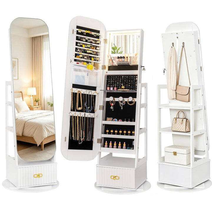 CHARMAID 360° Swivel Lockable Jewelry Armoire with Fluted Drawer