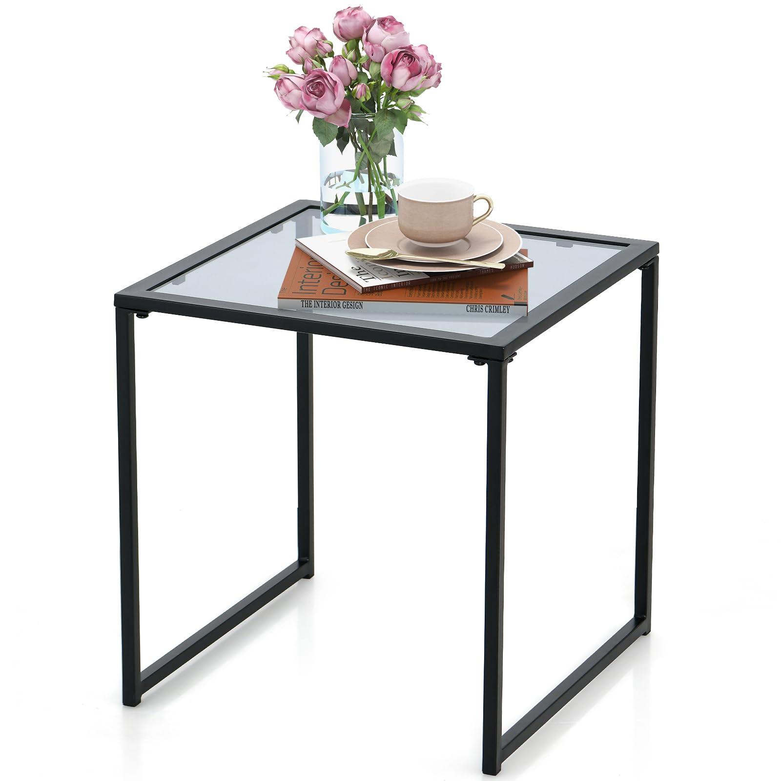 Giantex Outdoor 17” Square Table - Patio Tempered Glass End Table Side Table with Metal Frame