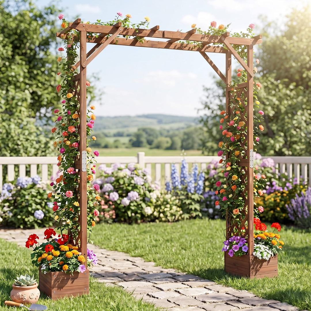 Giantex 87in Tall Wooden Garden Arbor with Planter Boxes &amp; Hanging Roof