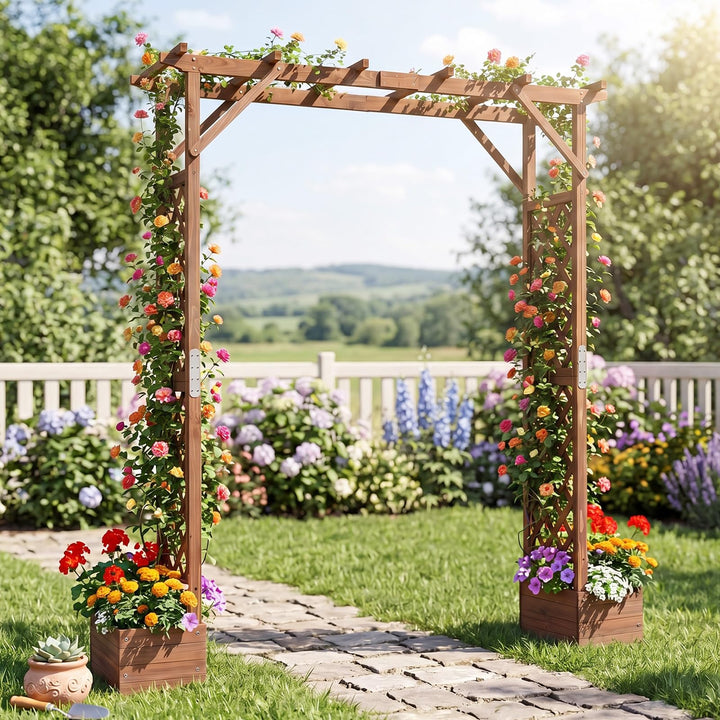 Giantex 87in Tall Wooden Garden Arbor with Planter Boxes &amp; Hanging Roof