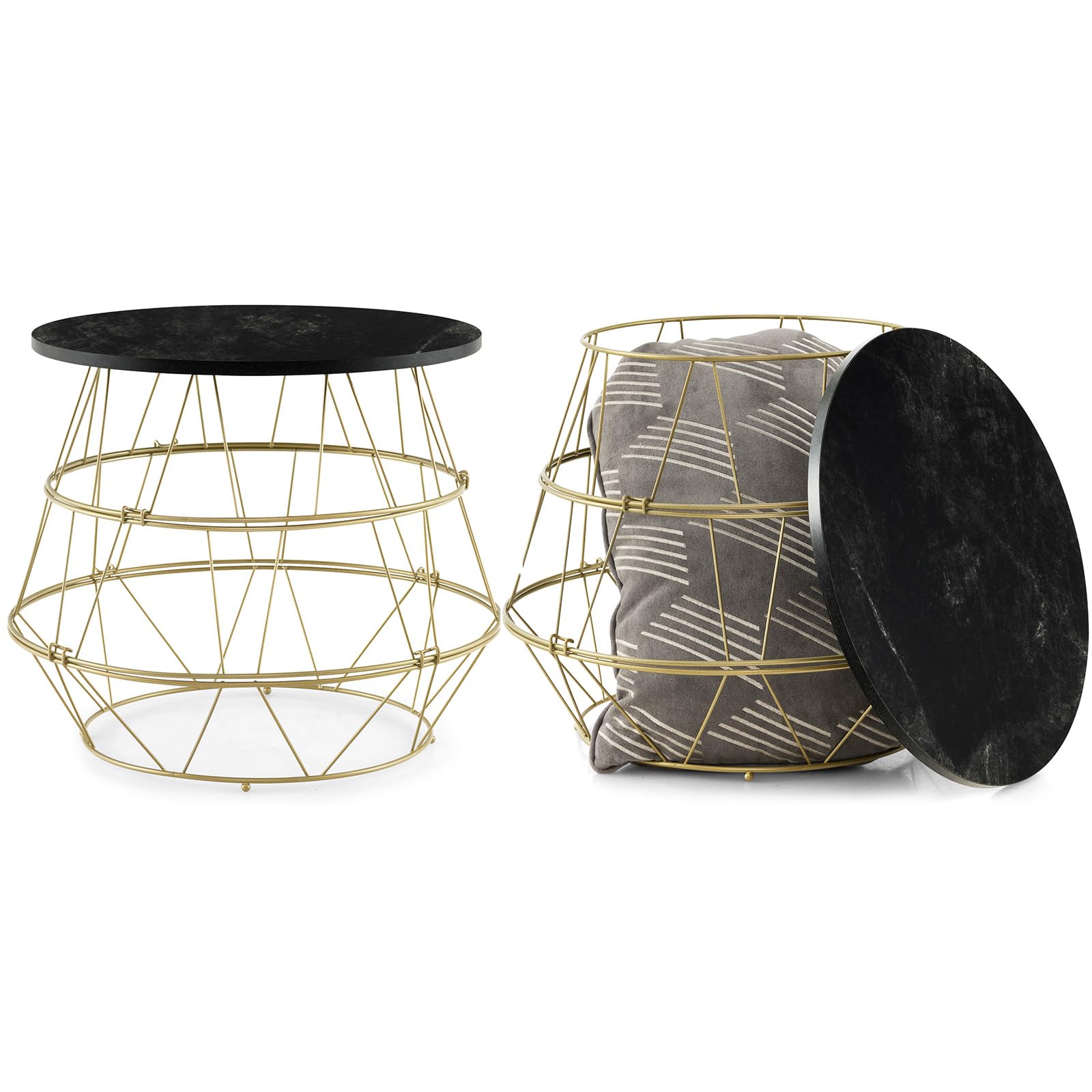 Giantex Round Coffee Table, Faux Marble Side End Table with Gold Metal Frame & Removeable Top