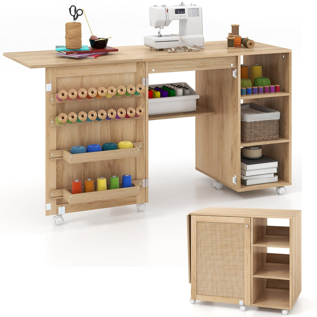 Giantex Folding Rattan Sewing Table - Boho Sewing Machine Cabinet with Rattan Door, 57.5''L x 20''W x 31''H, Natural