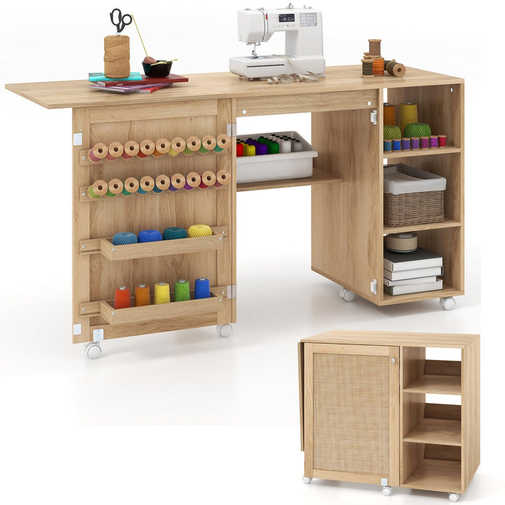 Giantex Folding Rattan Sewing Table - Boho Sewing Machine Cabinet with Rattan Door, 57.5''L x 20''W x 31''H, Natural