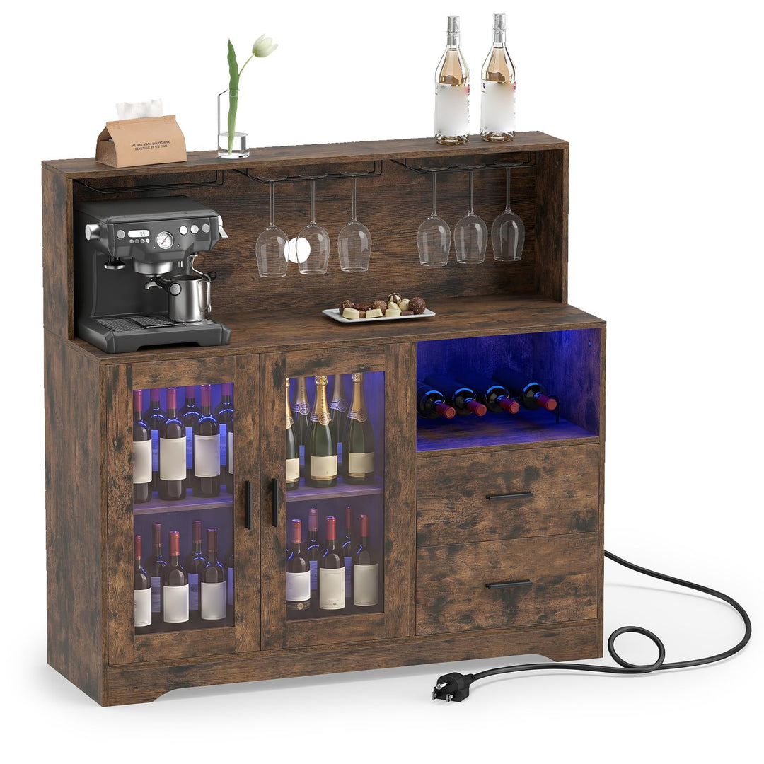 GIANTEX Wine Bar Cabinet with LED Lights &amp; Charging Station
