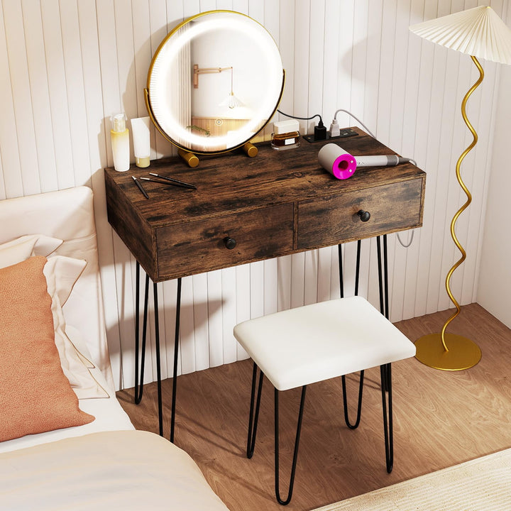 CHARMAID Vanity Desk with LED Lighted Mirror & Charging Station