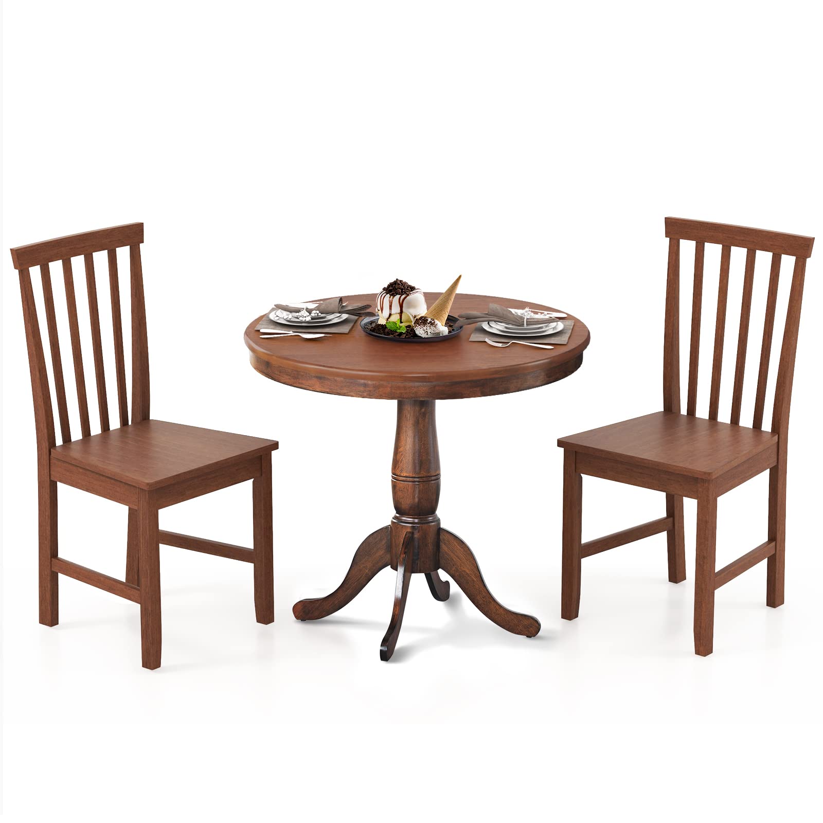 3-Piece Kitchen Table Set, Mid-Century Round Dining Table & Chairs Set for 2, Walnut