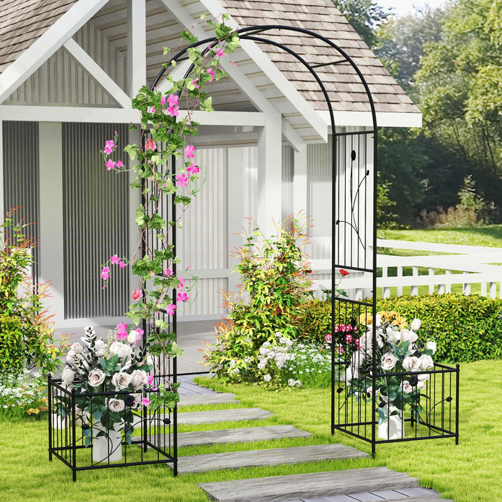 Giantex Garden Arch Trellis with Planters, 86'' Metal Arbor Pergola for Climbing Plants Rose Clematis Vines