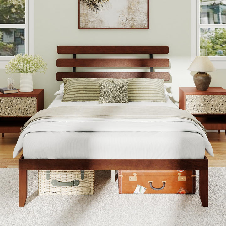 Giantex Platform Bed with Retro Headboard Mid Century Modern Bed Frame with Wood Slat Support
