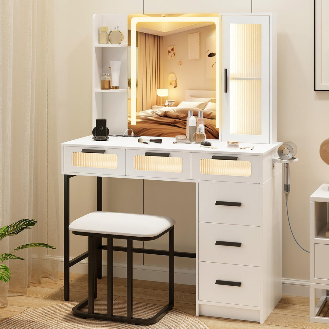 Vanity Desk with Mirror and Lights, White Makeup Vanity Desk with 6 Drawers, Lighted Side Cabinet