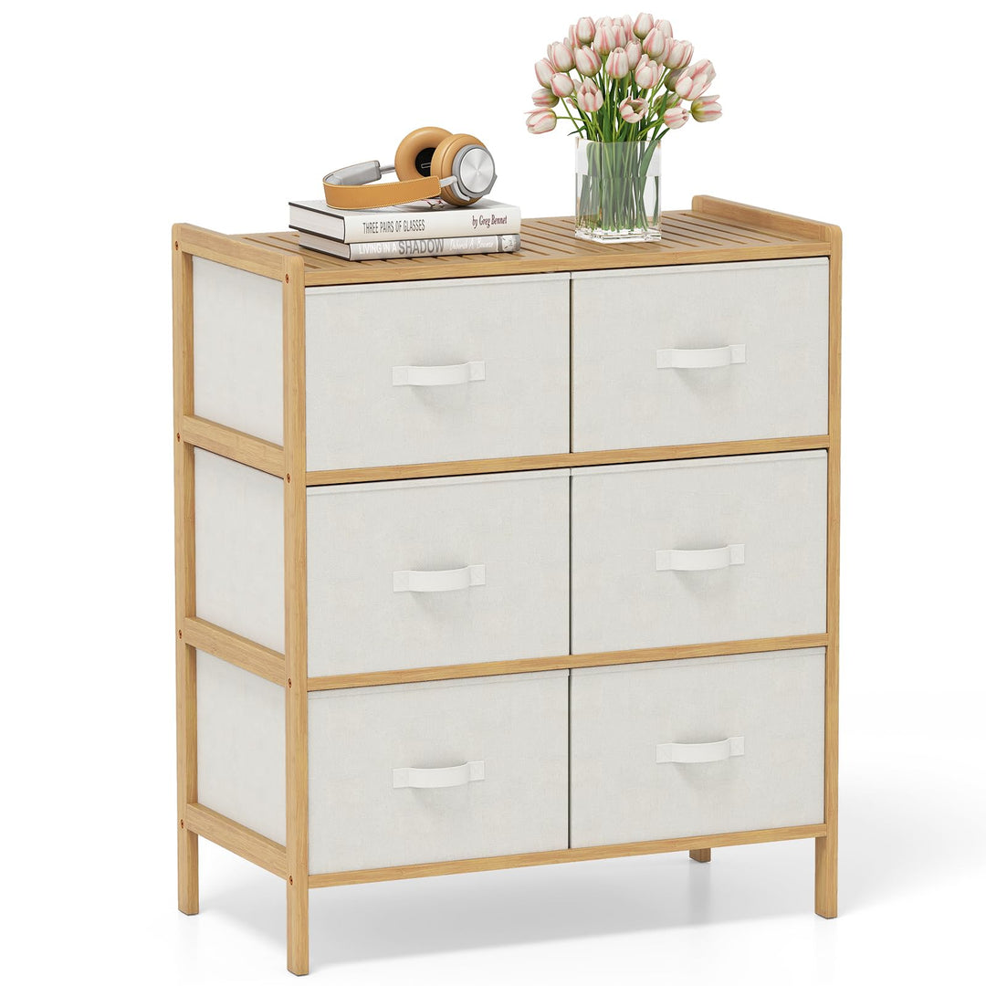 Giantex White Dresser for Bedroom Bamboo 6 Fabric Drawers Storage Tower with Top Shelf