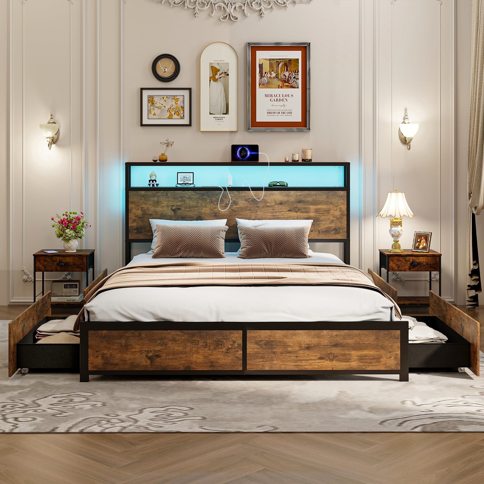 Giantex Queen/Full Bed Frame with LED Lights Headboard and 4