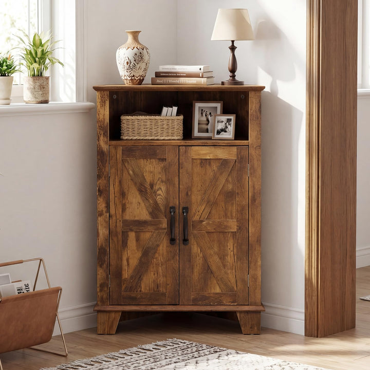 Giantex Bathroom Corner Storage Cabinet with Open Storage &amp; Adjustable Shelf