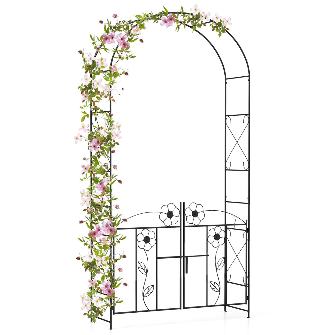 Giantex Garden Arbor with Gate, 7.5FT Metal Arch Trellis for Climbing Plants Rose Ivy, Archway Pergola with Flower Door