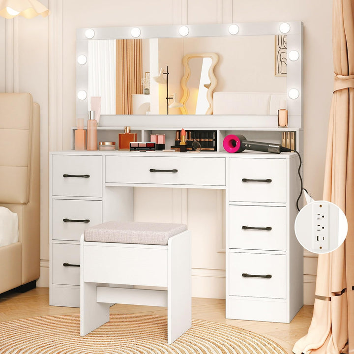 CHARMAID Vanity Desk with Mirror and Lights Charging Station & Storage Stool