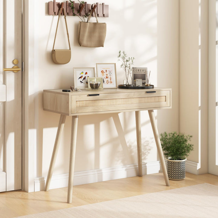 Giantex Rattan Console Table with Drawer, Boho Style Entryway Table, Farmhouse Wooden Sofa Side Table with Storage, Accent Vanity Table