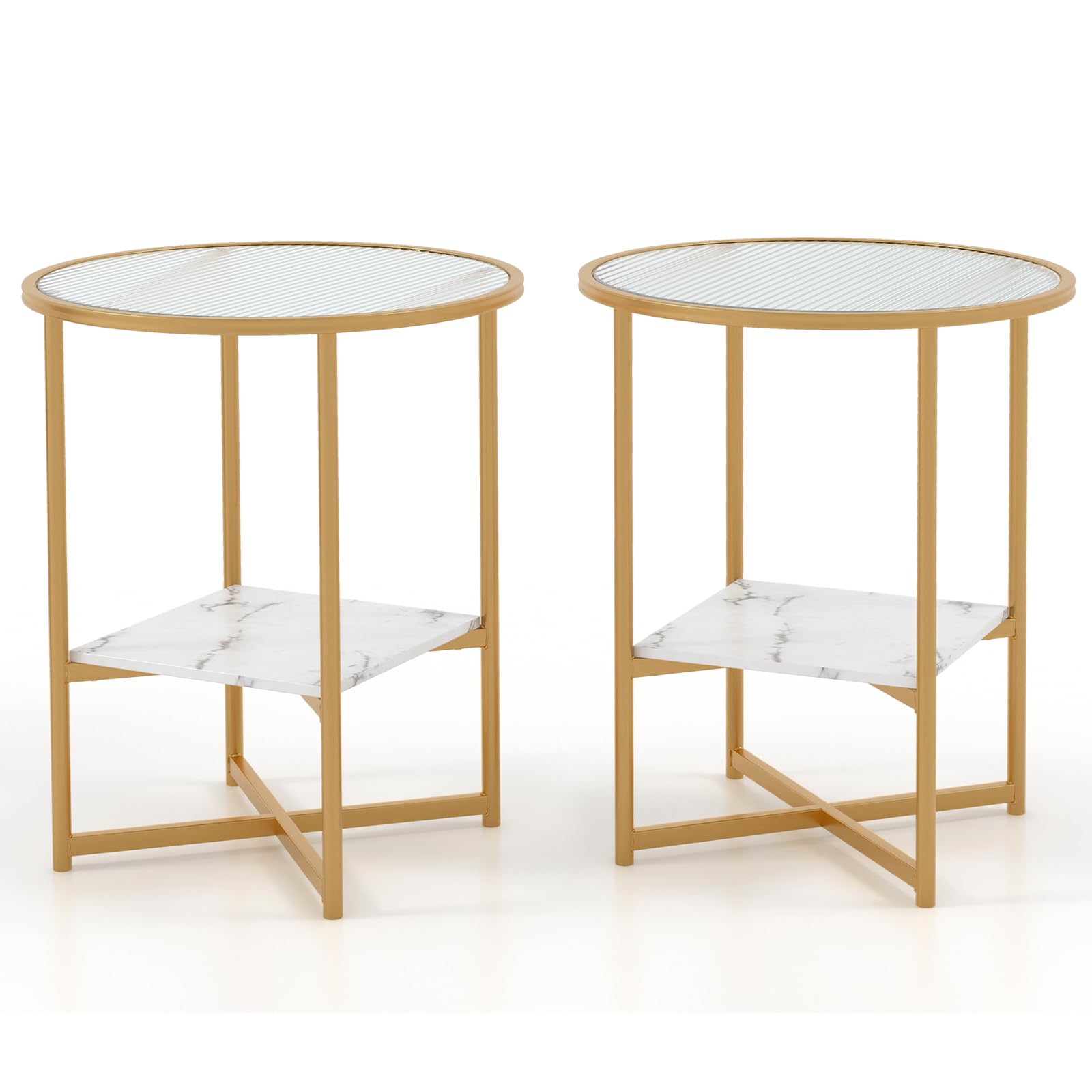 Giantex Glass End Table Set of 2, Round Side Table with Faux Marble Storage Shelf and Glass Top, Gold