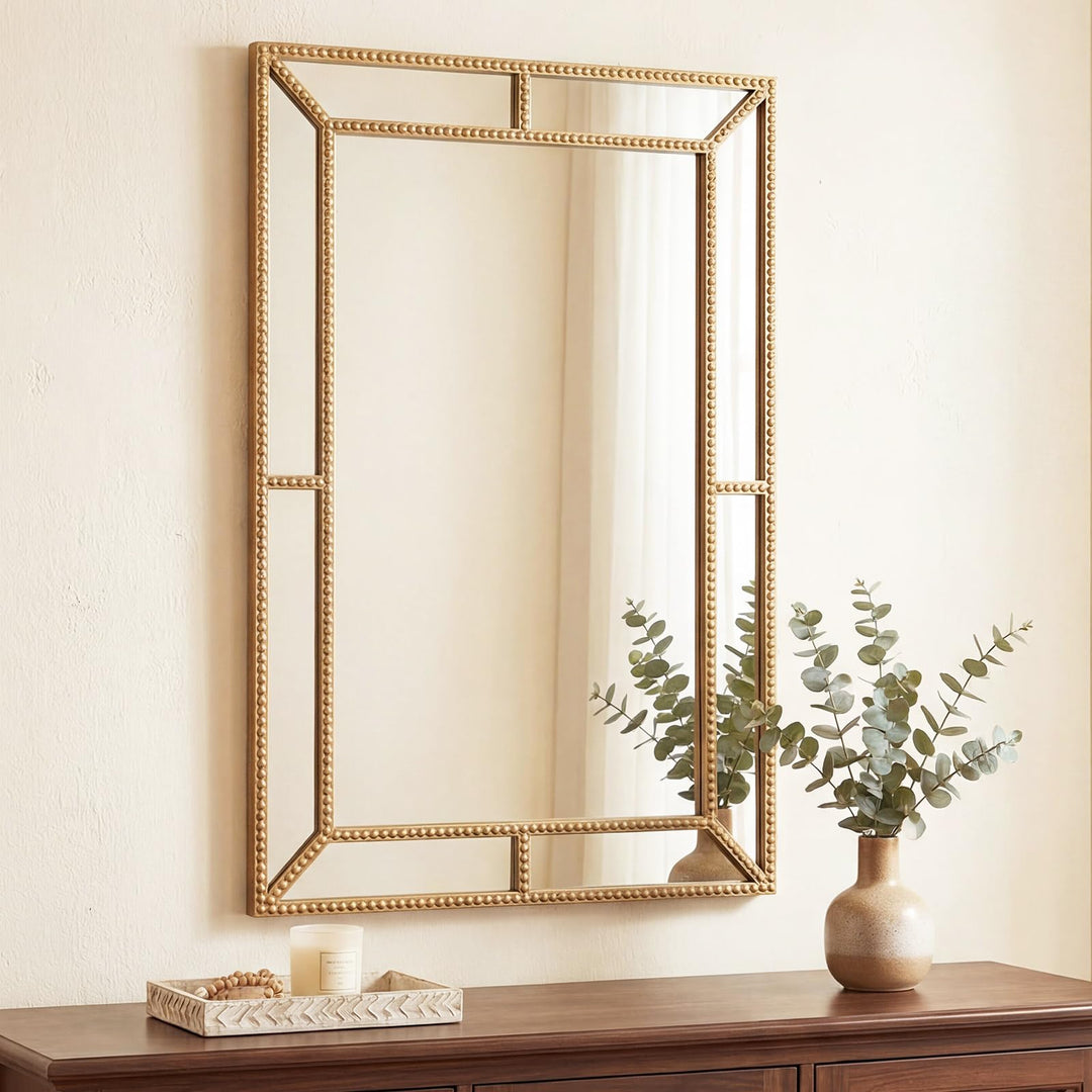 CHARMAID 36"x24" Rectangular Decorative Gold Beaded Wall Mirror