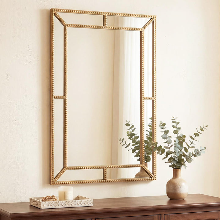 CHARMAID 36"x24" Rectangular Decorative Gold Beaded Wall Mirror